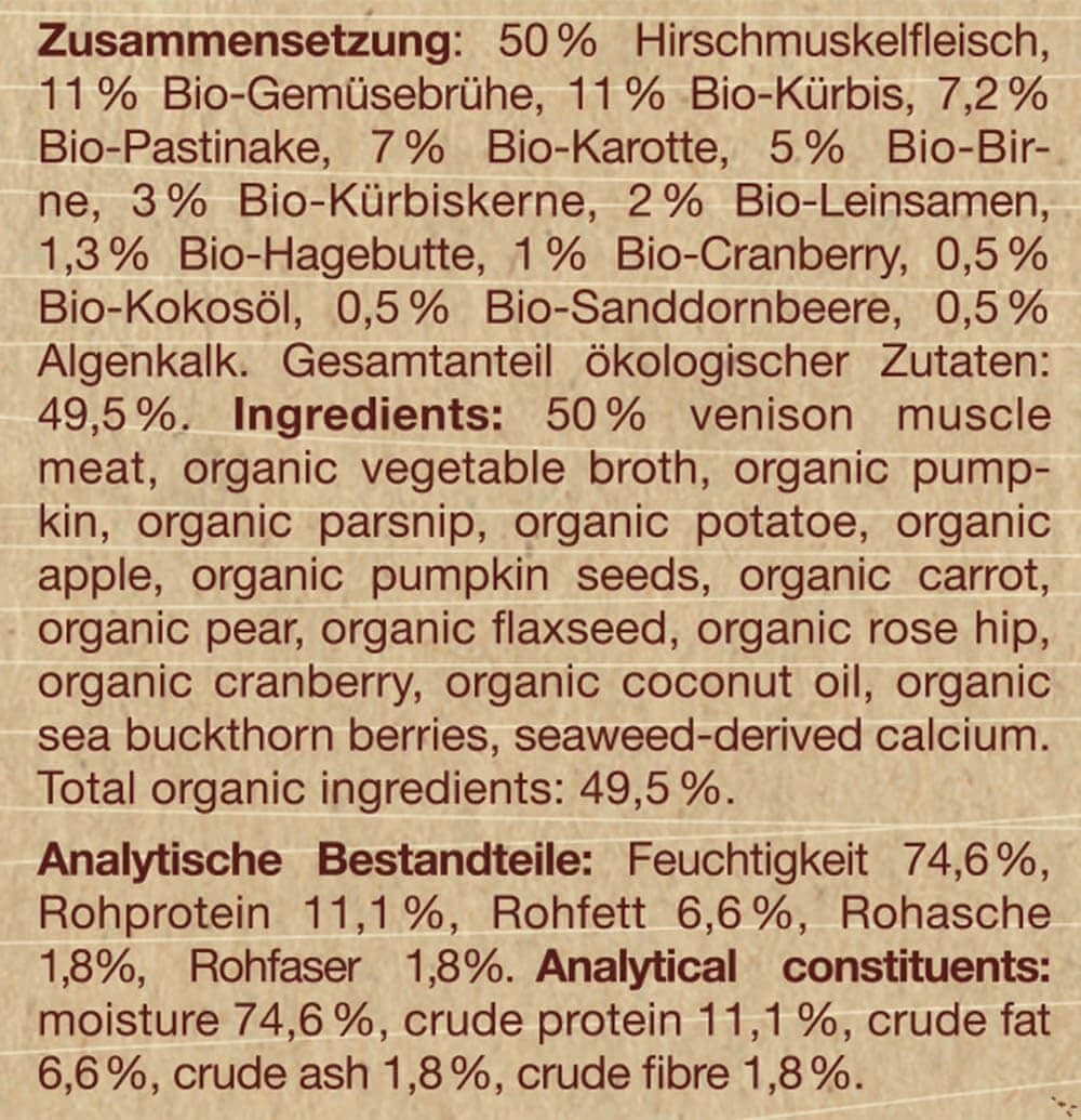 Naturwild-Hirsch Feinschmeckermenü mit Bio-Gemüse | 12x 400g