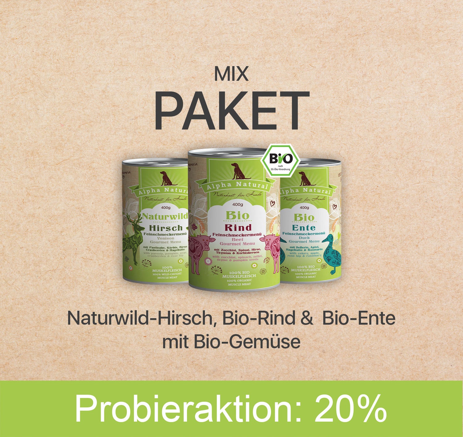 MIXPAKET Bio-Ente, Bio-Rind & Naturwild-Hirsch mit Bio-Gemüse | 6x 400g