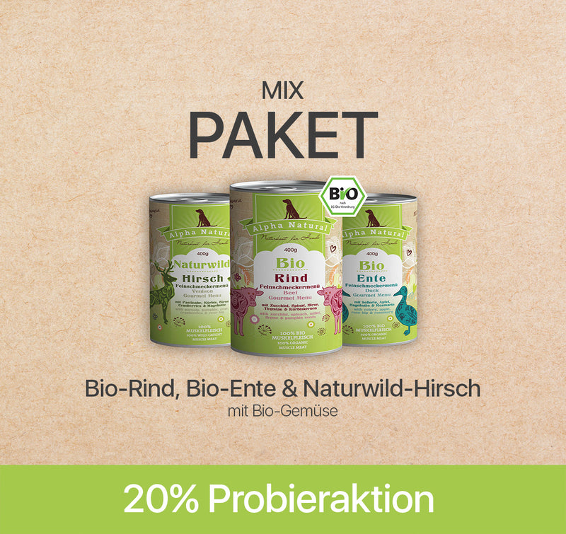 MIXPAKET Bio-Ente, Bio-Rind & Naturwild-Hirsch mit Bio-Gemüse | 6x 400g