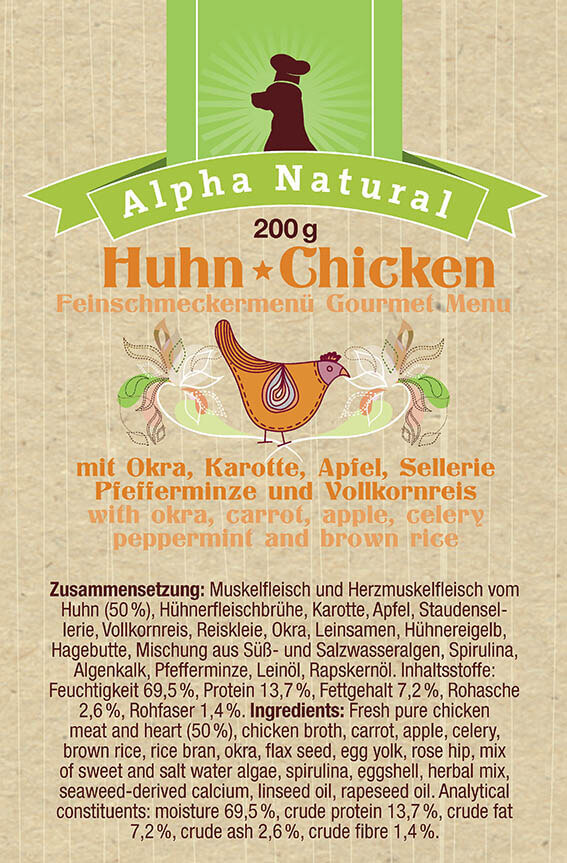 freiland-huhn-zusammensetzung-purinarmes-glutenfreies-hundefutter-muskelfleisch-okra-karotte-apfel-sellerie-pfefferminze-vollkornreis-alpha-natural