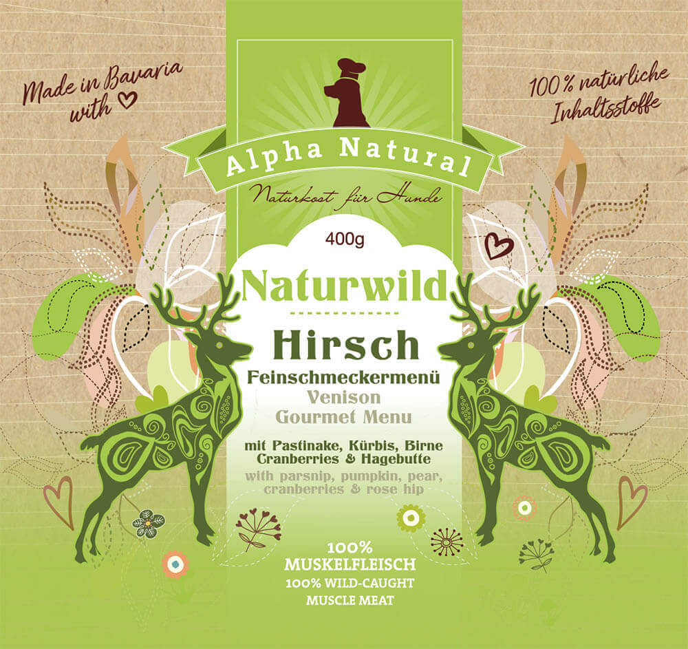 naturwild-hirsch-hundefutter-400g-mit-reinem-muskelfleisch-pastinake-kuerbis-birne-cranberries-hagebutte-alpha-natural-front