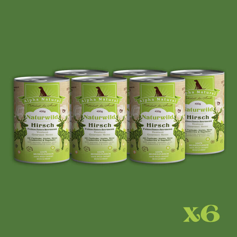 <strong>Naturwild-Hirsch Feinschmeckermenü mit Bio-Gemüse</strong><br>in der 400g Dose | getreidefrei<br>6er VORTEILSPAKET